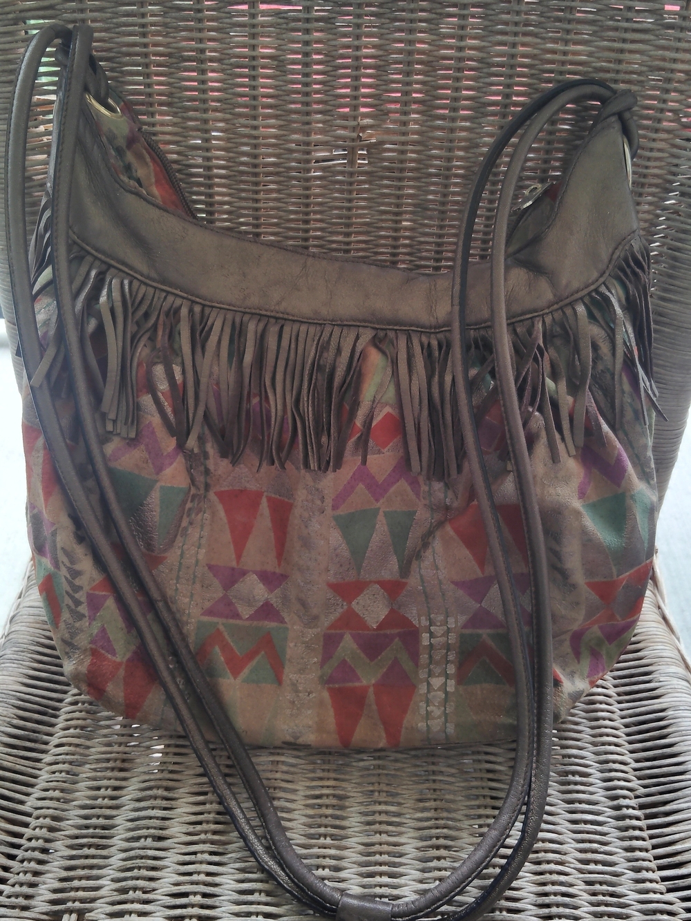 Boho Fringe Geometric Shoulder Bag - Brown